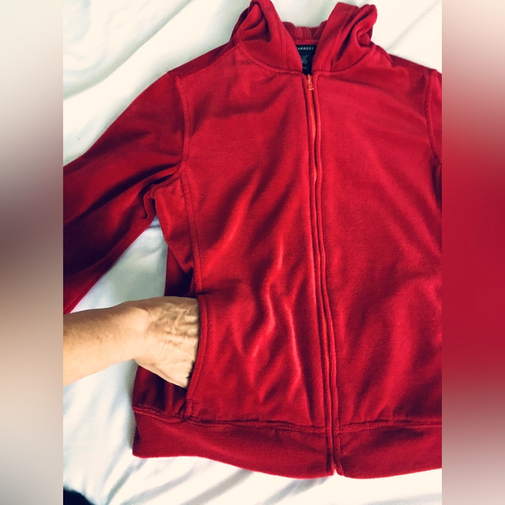 Y2k EUC Express red velour track suit set, size S, worn 3x. - Picture 2 of 16